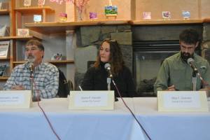 Homer City Council candidates answer questions during a forum hosted by the Homer News, Peninsula Clarion and KBBI AM 890 on Wednesday, Sept. 24, 2025, at the Homer Public Library in Homer, Alaska. (Delcenia Cosman/Homer News)