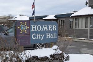 Snow blankets Homer City Hall on April 10, 2025, in Homer, Alaska. (Homer News file photo)