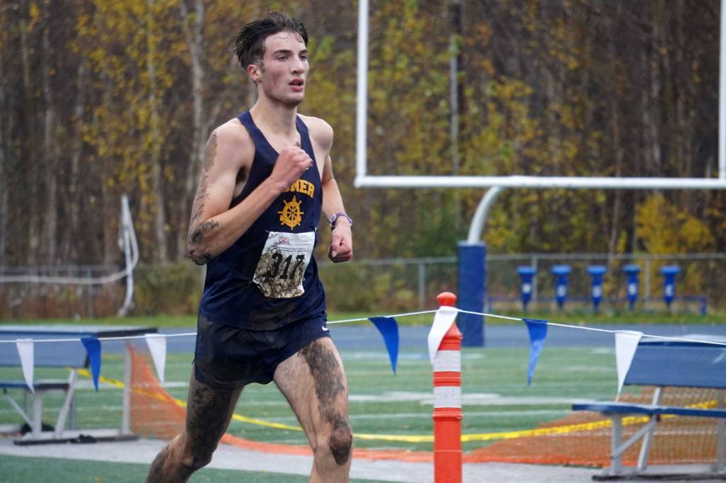 Johannes Bynagle races into the finish chute during the 2025 ASAA Cross Country Division II Championships at Mike Janecek Trails in Palmer, Alaska, on Saturday, Oct. 4, 2025. Photo courtesy Jake Dye