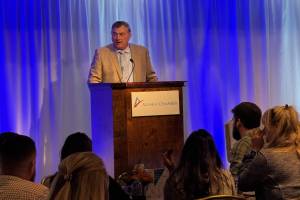 HEX, LLC and Furie Operating Alaska president and CEO John Hendrix speaks during the 2025 Premier Business Awards, hosted by the Alaska Chamber at the Alaska Business Summit, on Oct. 9, 2025, at the Alyeska Resort in Girdwood, Alaska. Photo provided by Lauren Hendrix