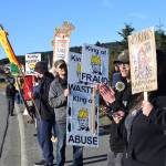 Protesters gather along the Sterling Highway and hold up signs during the No Kings demonstration on Saturday, Oct. 18, 2025, in Homer, Alaska. (Delcenia Cosman/Homer News)
