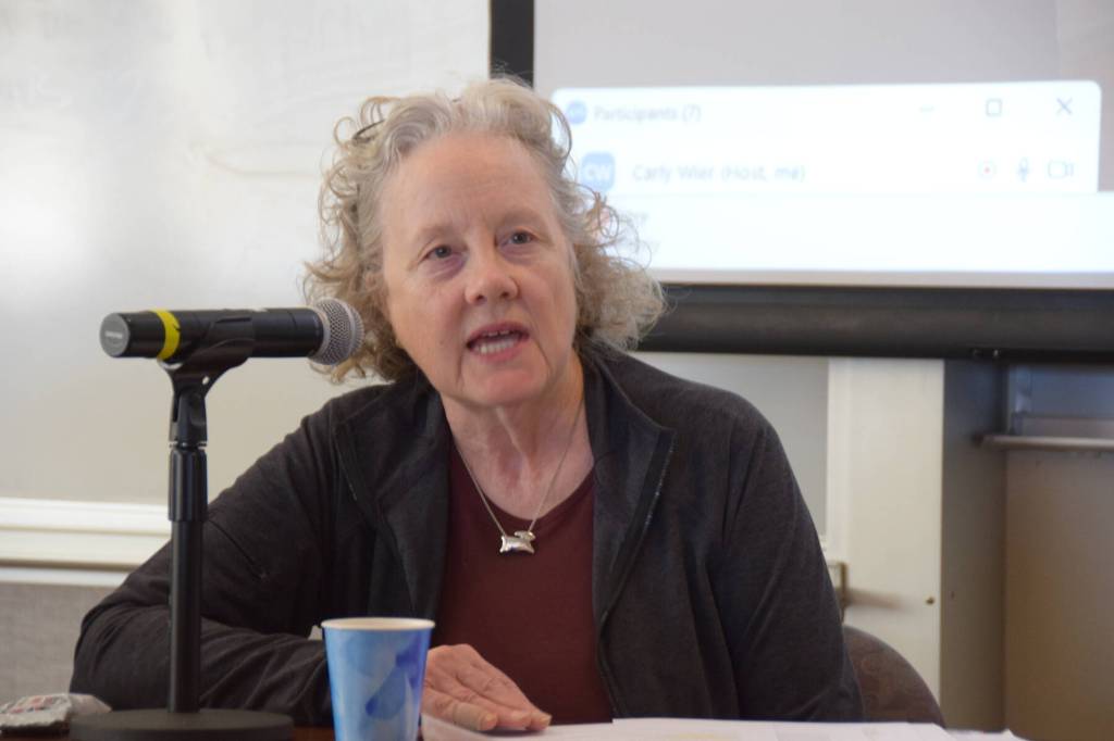 Homer Library Advisory Board member Marcia Kuszmaul answers a question during the Citizens Town Hall meeting on Saturday, Oct. 18, 2025, at Kachemak Bay Campus in Homer, Alaska. (Delcenia Cosman/Homer News)