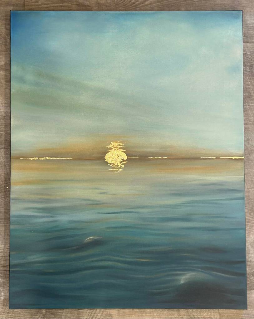 Settle, an acrylic and foil painting on canvas by Homer artist Pamela Fraley, is one of numerous pieces in her solo exhibit, Currents, on display through October 2025 at the Art Shop Gallery in Homer, Alaska. Photo provided by Pamela Fraley