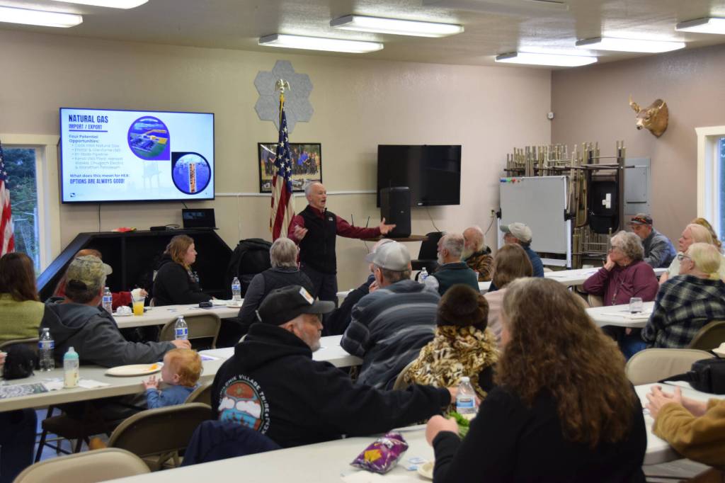 Homer Electric Association CEO and General Manager Brad Janorschke discusses the future of natural and HEAs energy diversification efforts during a community meeting on Thursday, Oct. 23, 2025, at the VFW Post 10221 in Anchor Point, Alaska. (Delcenia Cosman/Homer News)