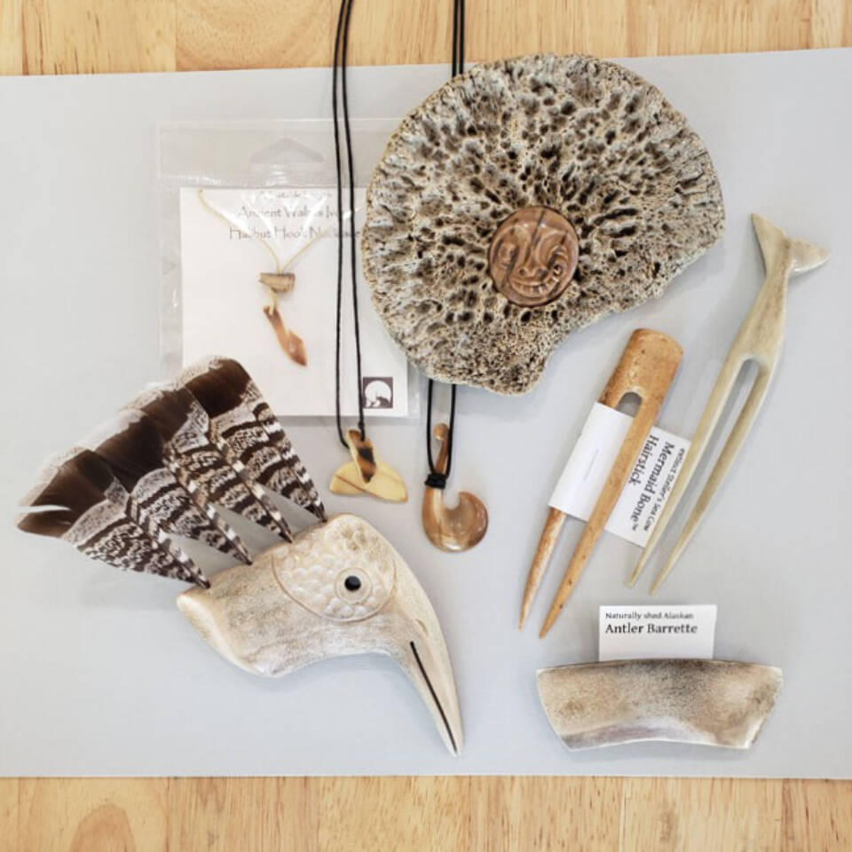 Miscellaneous bone and ivory carvings by Meriam Linder, Ptarmigan Arts newest member, are featured during November First Friday on Nov. 7, 2025, in Homer, Alaska. Photo provided by Ptarmigan Arts