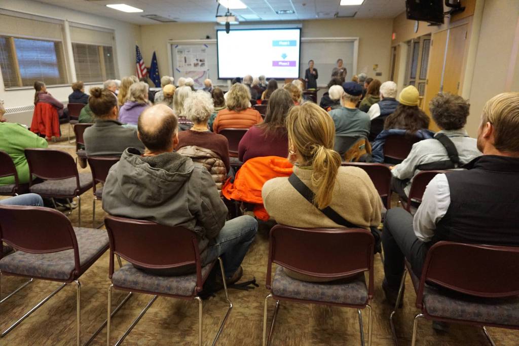 Community members attending the Title 21 Open House hear a presentation from project leader and Agnew::Beck consultant Shelly Wade on Thursday, Nov. 6, 2025, at Kachemak Bay Campus in Homer, Alaska. Photo courtesy Karyn DeCino
