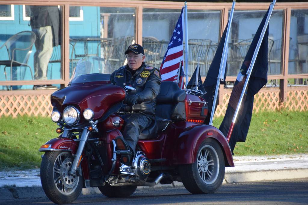 American Legion Riders drive their motorcycles in a parade held in honor of Veterans Day on Tuesday, Nov. 11, 2025, in Homer, Alaska. (Delcenia Cosman/Homer News)