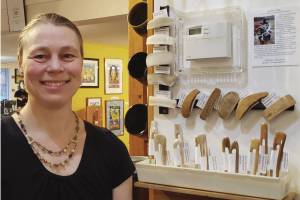 Homer resident Meriam Linder is photographed with her display of works at Ptarmigan Arts, where she is the newest co-op member. Photo provided by Meriam Linder