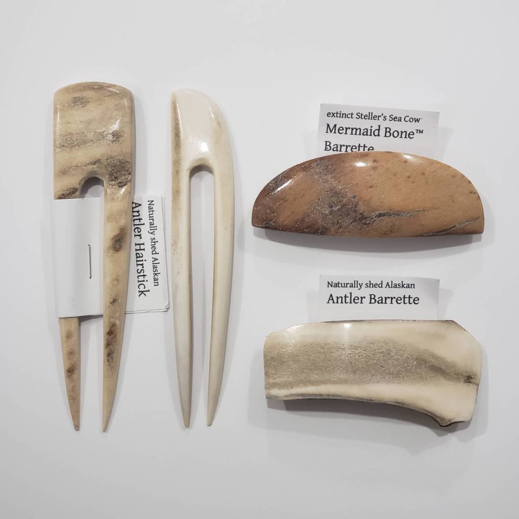 Antler and mermaid bone hair sticks by Meriam Linder are available at Ptarmigan Arts in Homer, Alaska. Photo provided by Meriam Linder