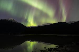 The aurora borealis is seen from Mendenhall Lake in Juneau on Nov. 12, 2025. A series of solar flares caused unusually bright displays of the northern lights across Alaska Tuesday and Wednesday nights. (Chloe Anderson/Peninsula Clarion)