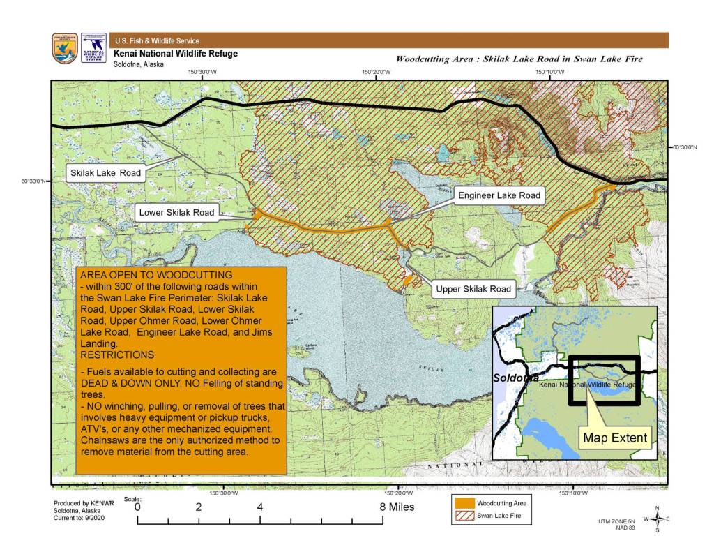 The Kenai National Wildlife Refuge on Monday released maps showing areas open to woodcutting by permit beginning on Nov. 19, 2025.