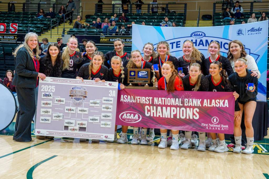 The Kenai Central High School varsity volleyball team is named the 2025 3A Volleyball State Championship Tournament, held Nov. 13-15, 2025, at the Alaska Airlines Center in Anchorage, Alaska. The Kardinals defeated the Nikiski Bulldogs 3-2 in a "rematch" championship game on Saturday, Nov. 15, securing their third state title in the last four years. Photo courtesy of the Kenai Volleyball Booster Club