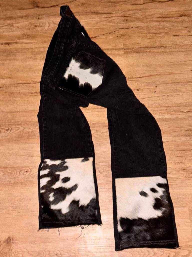A pair of jeans altered by David Sims features cowhide back pockets and patches on the front. Photo provided by David Sims