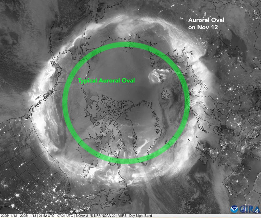 This mosaic image shows combined passes from NOAA 21, Suomi NPP and NOAA 20 satellites. All show the auroral oval during the geomagnetic storm of Nov. 11-12, 2025. Vincent Ledvina, a graduate student researcher at the UAF Geophysical Institute, added the typical auroral oval to the image before posting it to his Facebook page (Vincent Ledvina  The Aurora Guy). Image by National Oceanic and Atmospheric Administration and Vincent Ledvina.