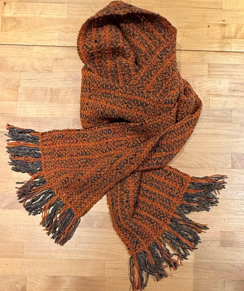 This Fall into Winter scarf, made by Bonita Banks with Irish wool and mohair textures, is on display through December at Grace Ridge Brewing alongside works by other Homer artists. Photo provided by Grace Ridge Brewing