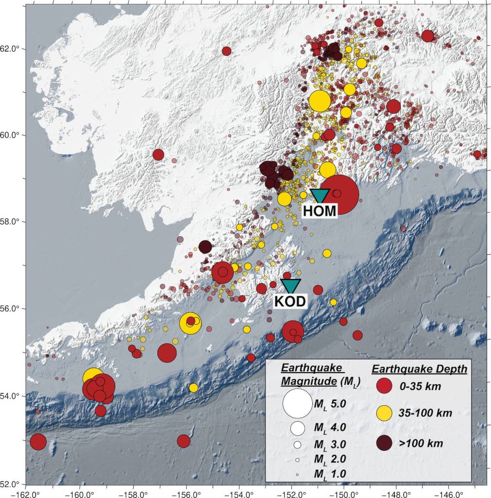 This figure shows the approximately 2,700 earthquakes that occurred in Southcentral Alaska between Sept. 10 and Nov. 12, 2025. Also shown are the locations of the two research sites in Homer and Kodiak. Figure by Cade Quigley