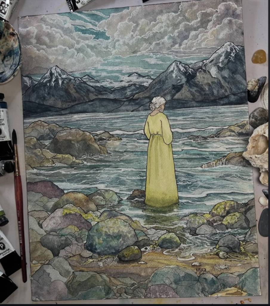 What the Sea Gave Back is a watercolor-and-ink painting by Mira Featherstone. Photo provided by Mira Featherstone