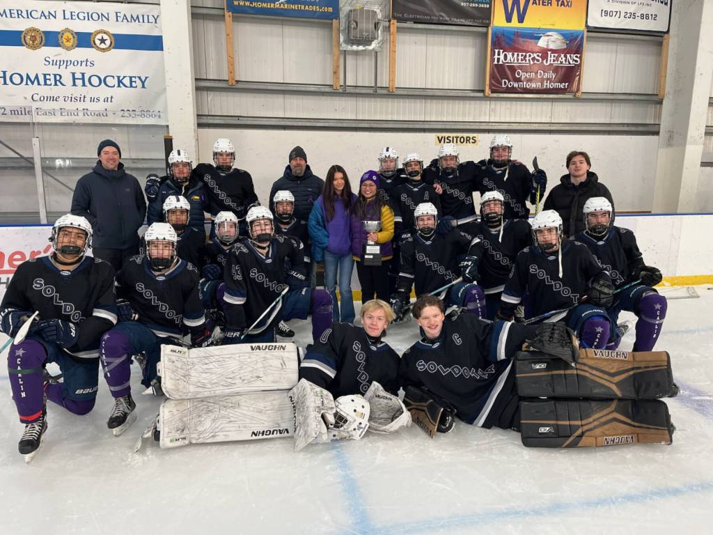 The Soldotna Stars hockey team poses with the Carlin Cup following their 9-1 victory against the Homer Mariners on Saturday, Dec. 13, 2025, at the Kevin Bell Arena in Homer, Alaska. Photo courtesy Matt Stineff