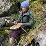 Artist Carla Klinker strips fresh nettles for processing into fiber to be used in future fiber arts projects in September 2025. Photo provided by Carla Klinker
