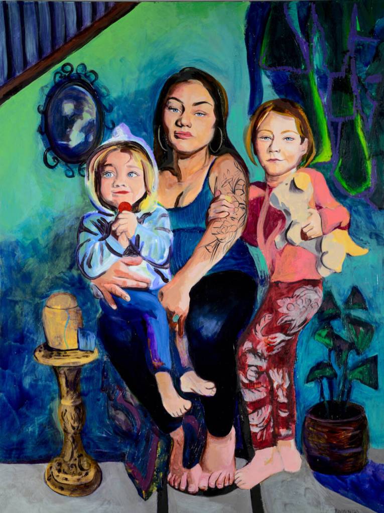 Mother of JJ, Radly, Ophelia, Revel, and Blaze by Brianna M. Allen is an oil-on-panel painting completed in June 2025, in Homer, Alaska. Photo by Rafael de la Uz