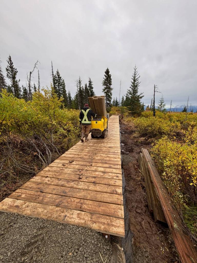 A boardwalk is under construction as part of the ongoing Eastland Trails project in the Kachemak Bay State Park near Homer, Alaska. Photo courtesy Cameale Johnson