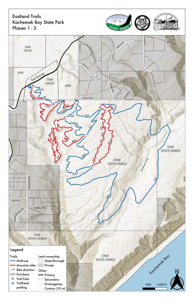 A map depicts the proposed route for all three phases of the Eastland Trails project in the Kachemak Bay State Park near Homer, Alaska. Photo courtesy Chuck Lindsey