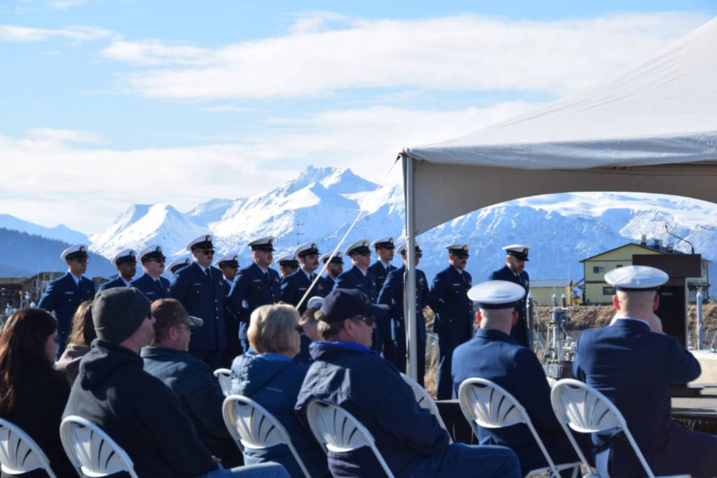 The crew of the Naushon stands at the ceremony on Friday, March 21, 2025 on Freight Dock Road on the Homer Spit. (Chloe Pleznac/Homer News)