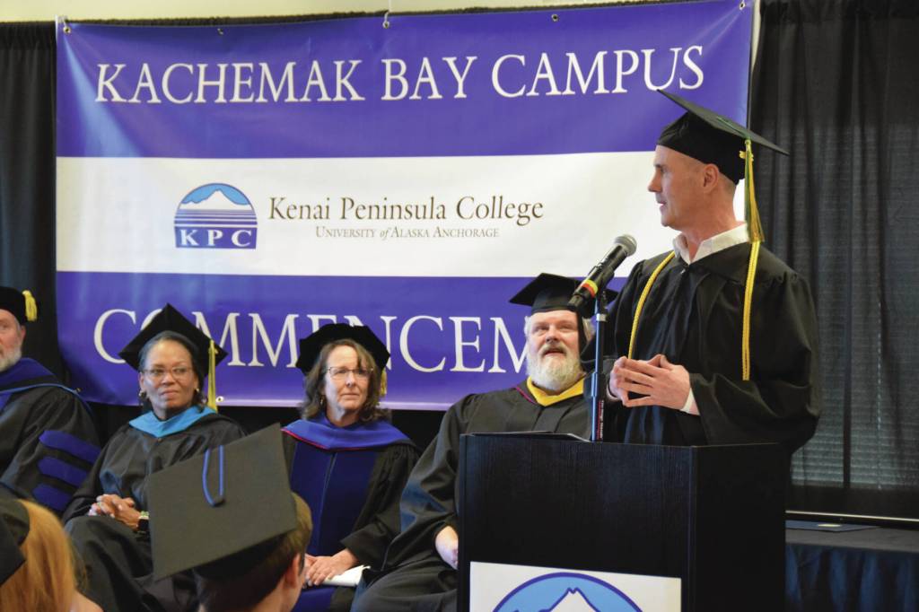 Darren Tivnan, Class of 2025 valedictorian, speaks to his fellow graduates during the 55th annual commencement ceremony on Wednesday, May 7, 2025, at Kachemak Bay Campus<ins> in Homer, </ins><ins>Alaska</ins>. (Delcenia Cosman/Homer News)