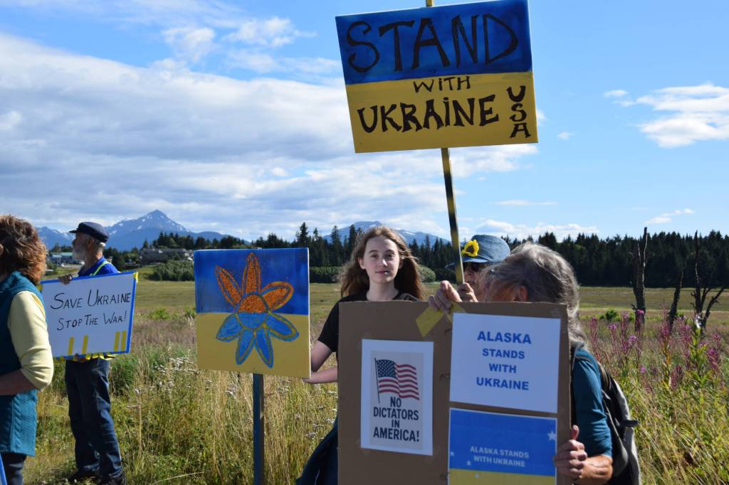 Delcenia Cosman/Homer News 
Protestors hold signs in support of Ukraine at the intersection of Lake Street and the Sterling Highway on Friday, Aug. 15, 2025.<ins>, in Homer, Alaska</ins>