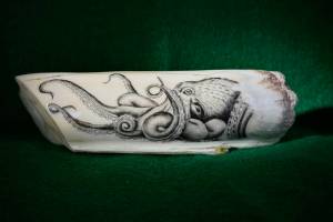Scrimshaw on a hippopotamus tooth by Conrad Field. Photo provided by Conrad Field