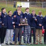 The Homer Mariner boys stand with their trophy after claiming the title at the 2025 ASAA Cross Country Division II Championships at Mike Janecek Trails in Palmer, Alaska, on Saturday, Oct. 4, 2025. Photo courtesy Jake Dye