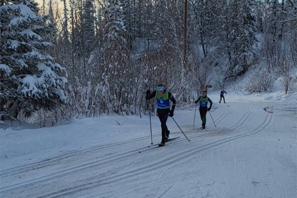 Homer's Myra Kalafut is followed closely by Freya Bartlett on their way to a 10th and 11th place finish in the varsity girls' 7.5-kilometer classic race on Friday, Jan. 9, 2026, at the Government Peak Recreation Area in Palmer, Alaska. Photo provided by Jessie Goodrich