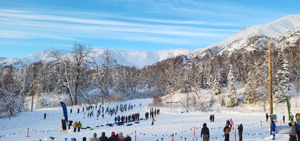 Spectators stand by the boys mass start 7.5-kilometer classic race on Friday, Jan. 9, 2026, at the Government Peak Recreation Area in Palmer, Alaska. Photo provided by Jessie Goodrich