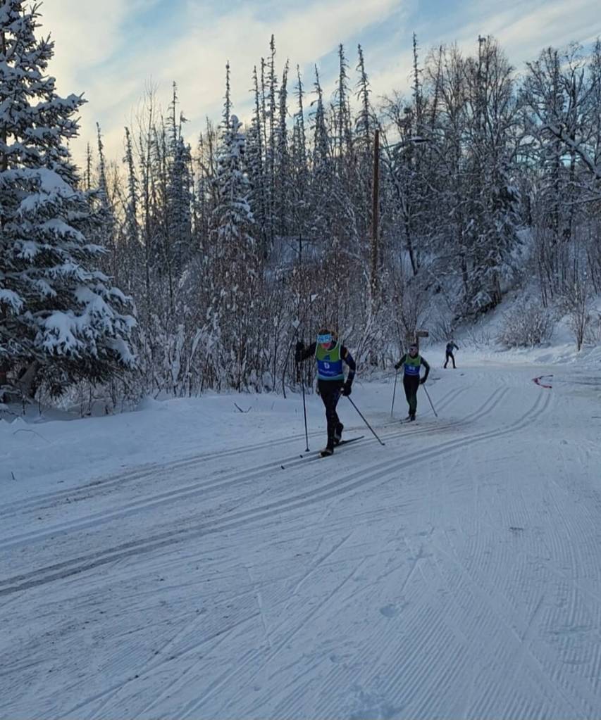 Homers Myra Kalafut is followed closely by Freya Bartlett on their way to a 10th and 11th place finish in the varsity girls 7.5-kilometer classic race on Friday, Jan. 9, 2026, at the Government Peak Recreation Area in Palmer, Alaska. Photo provided by Jessie Goodrich