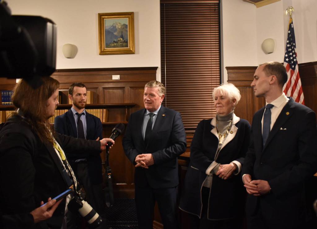 Mari Kanagy/Juneau Empire 
Representative Zack Fields, House Majority Leader Chuck Kopp, Representative Louise Stutes and Speaker of the House Bryce Edgmon answer question from the press following Governor Mike Dunleavys State of the State address on Thurday, Jan. 22.