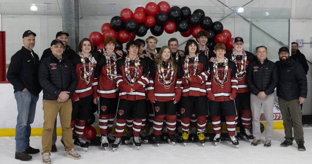 Senior Juneau-Douglas High School: Yadaa.at Kalé hockey players were recognized at the Treadwell Arena on Friday, Jan. 23, 2026 before the Crimson Bears faced the Homer High School Mariners. Head coach Matt Boline and assistant coaches Mike Bovitz, Luke Adams, Jason Kohlase and Dave Kovach honored 11 seniors. (Chloe Anderson / Juneau Empire)