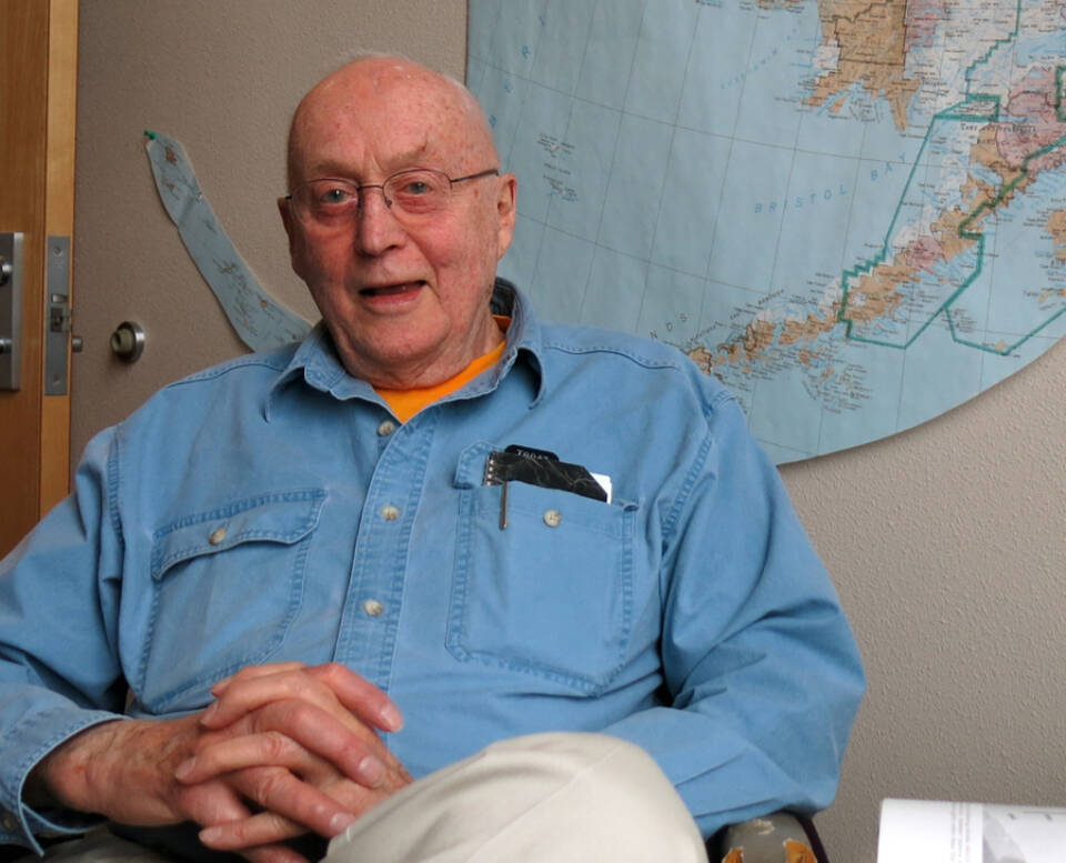 Carl Benson relaxes at the Geophysical Institute in Fairbanks in 2014. Photo by Ned Rozell