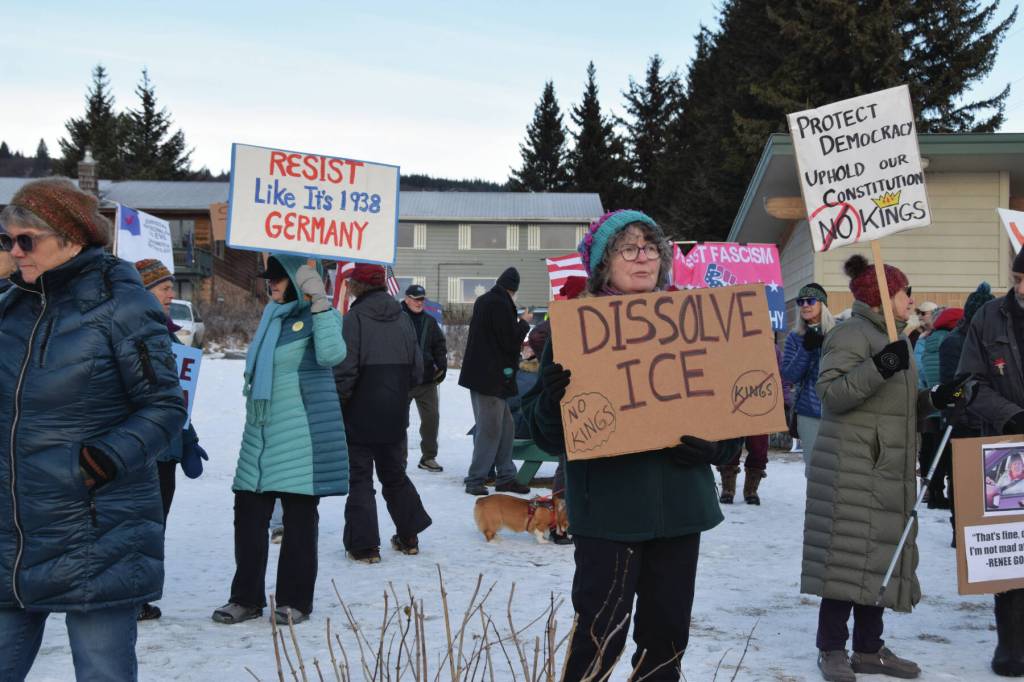 Demonstrators gather at WKFL Park in Homer, Alaska, on Saturday, Jan. 24, 2026, for the No Kings, No ICE protest organized by the Homer Women of Action. (Delcenia Cosman/Homer News)
