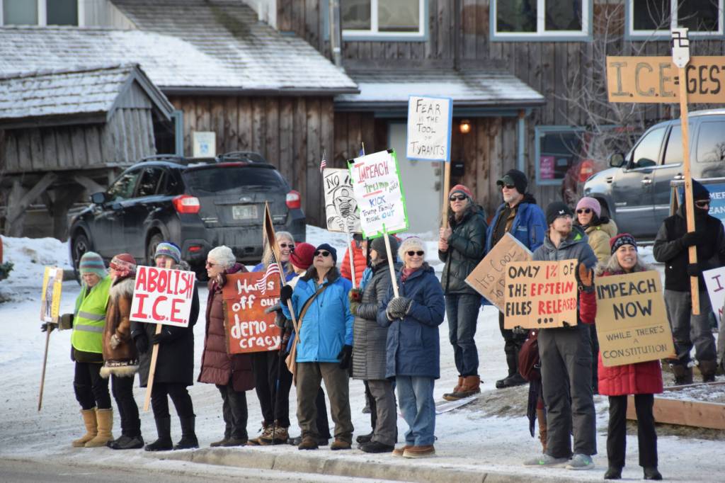 Demonstrators gather at WKFL Park in Homer, Alaska, on Saturday, Jan. 24, 2026, for the No Kings, No ICE protest organized by the Homer Women of Action. (Delcenia Cosman/Homer News)