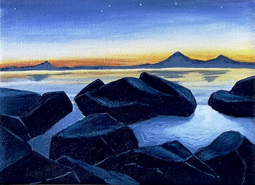 I look down now, at remnants of what was, is a 5-by-7-inch acrylic painting on canvas by xochiyollotl and is one of numerous paintings on display for the month of February in the artists solo exhibit at Bunnell Street Arts Center. Photo provided by Bunnell Street Arts Center