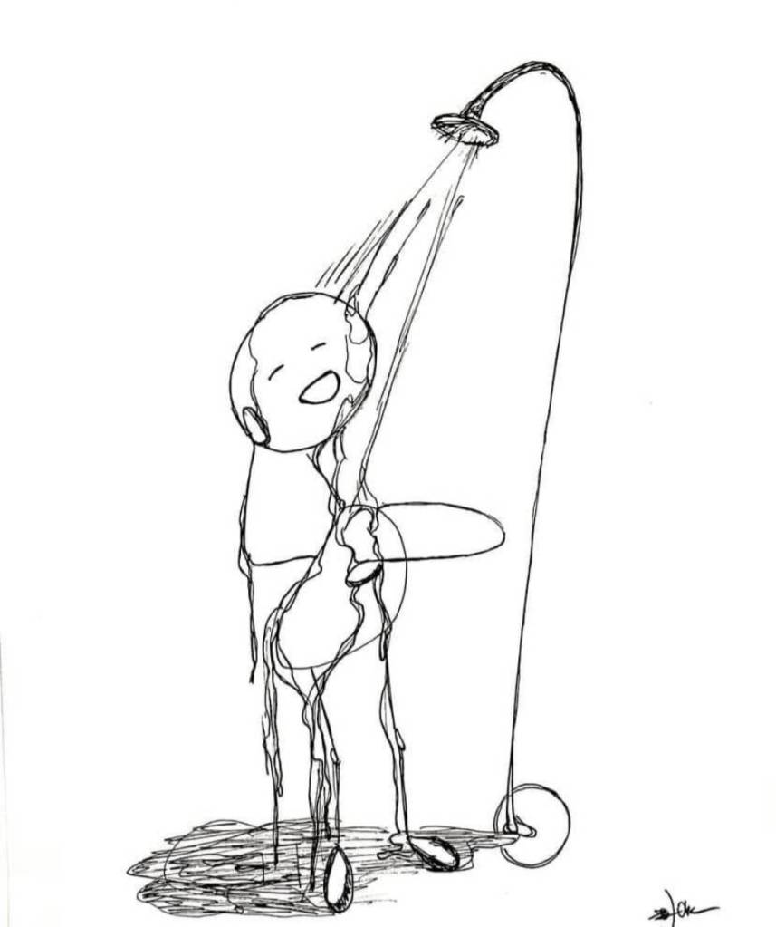 Shower is an ink drawing by Joella Clove, on display in her mixed-media exhibit at the Homer Public Library through March. Photo courtesy Joella Clove