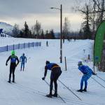 Soldotna's Ollie Dahl is chased by Homer's Tait Ostrom and Johannes Bynagle and Soldotna's Michael Davidson during the 7.5-kilometer classic race on Saturday, Feb. 7 in Palmer, Alaska. Photo courtesy Jessie Goodrich