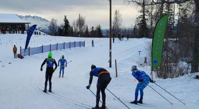Soldotna's Ollie Dahl is chased by Homer's Tait Ostrom and Johannes Bynagle and Soldotna's Michael Davidson during the 7.5-kilometer classic race on Saturday, Feb. 7 in Palmer, Alaska. Photo courtesy Jessie Goodrich