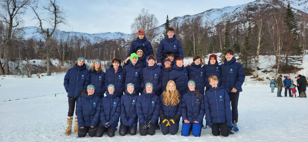 The Homer Mariners cross country ski team gathers for a photo at the Region III Championships, held Feb. 6-7 at Government Peak in Palmer, Alaska. Photo courtesy Jessie Goodrich