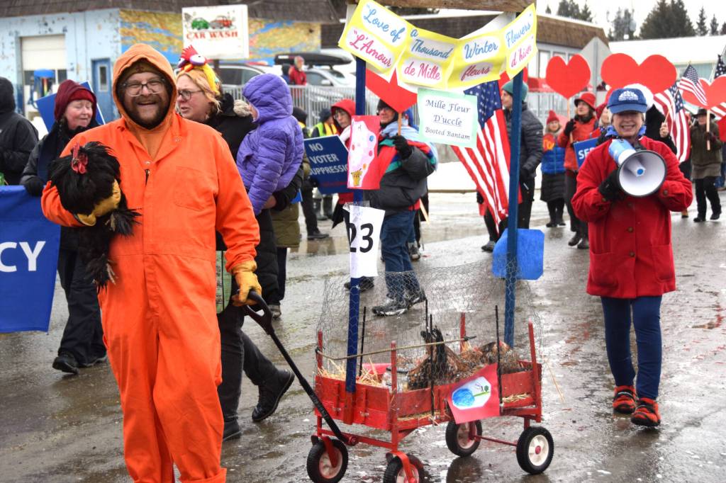 Hancock Hen House represents their local chicken farm during the Winter Carnival Parade on Saturday, Feb. 14, 2026, in Homer, Alaska. (Delcenia Cosman/Homer News)