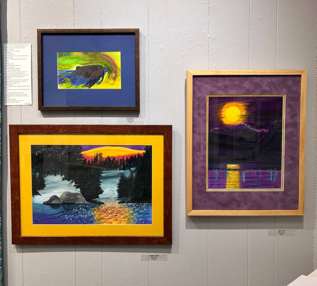 On display through March in Homer Council on the Arts Members Show are, among other artists works, watercolor paintings by Robert Hain, including The Weaver (top left), Old Man Winter (bottom left) and Spit Tunes (right). Photo provided by Homer Council on the Arts