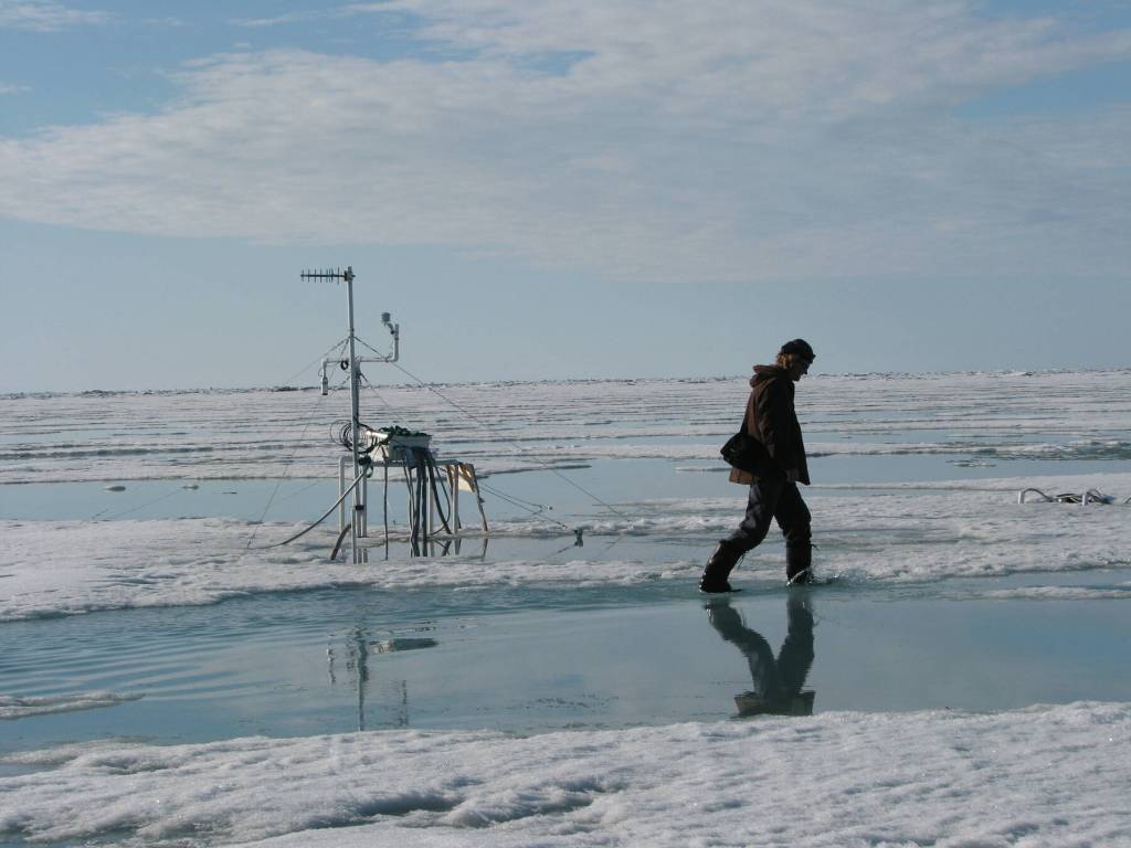 Photo courtesy Matt Druckenmiller
Hajo Eicken walks the sea ice off the town of Utqiagvik in about 2010.