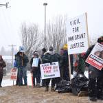 Community members gather in front of the Homer United Methodist Church on Wednesday, Feb. 25, 2026, in Homer, Alaska, for a vigil in observance of the recent arrest and deportation of Sonia Espinoza Arriaga and her three children from Soldotna, as well as other recent actions by federal immigration agents. (Delcenia Cosman/Homer News)