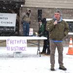 Homer United Methodist Church Rev. Blake Langston speaks to those attending a vigil for Sonia Espinoza Arriaga and her three children, who were deported from Soldotna last week, during the HUMC Civic Engagement Groups Faithful Resistance event on Wednesday, Feb. 25, 2026, in Homer, Alaska. (Delcenia Cosman/Homer News)