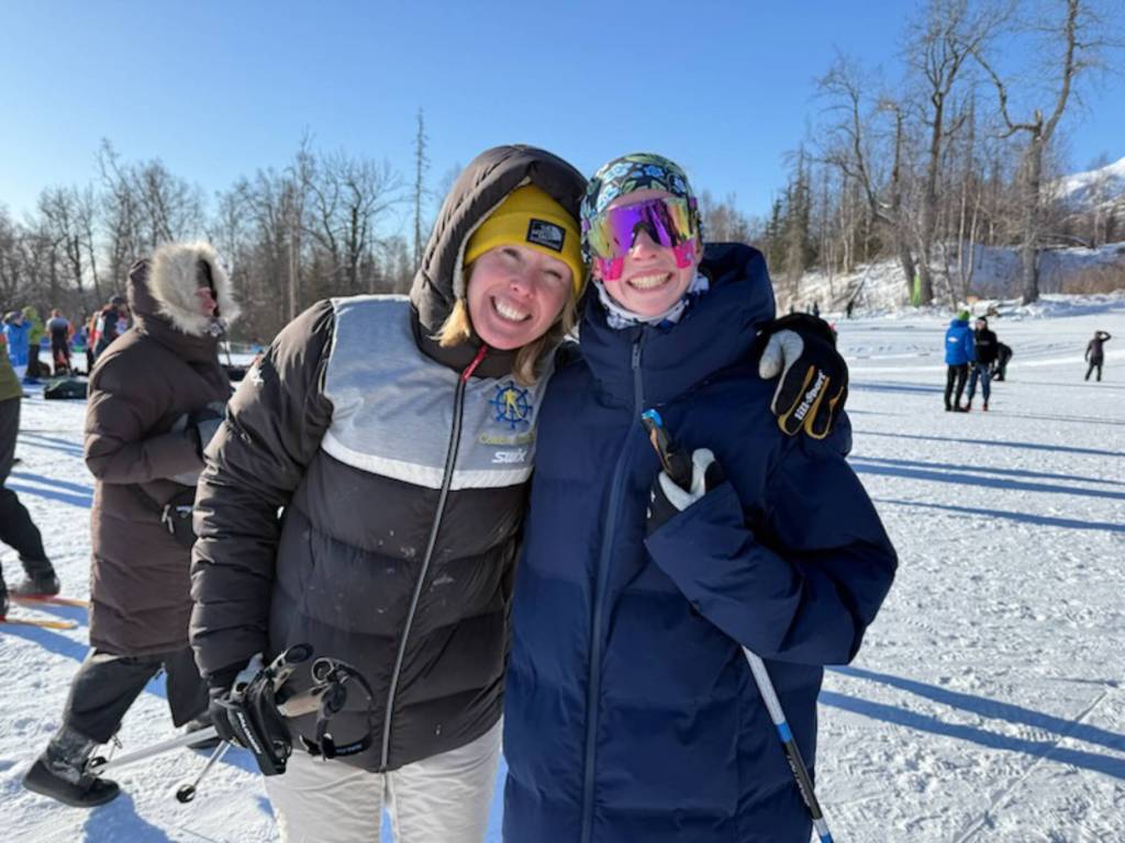 Homer High School head coach Jessie Goodrich and freshman Freya Bartlett pose for a photo during the ASAA Nordic Ski State Championships held Feb. 19-21, 2026, in Wasilla, Alaska. Photo provided by Jessie Goodrich